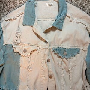 POL Two-Tone Distressed Denim Jacket in Cream and Light Blue
